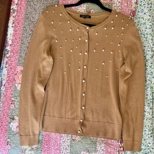 JEANNE PIERRE Pearl-Embellished Tan Cardigan Vintage